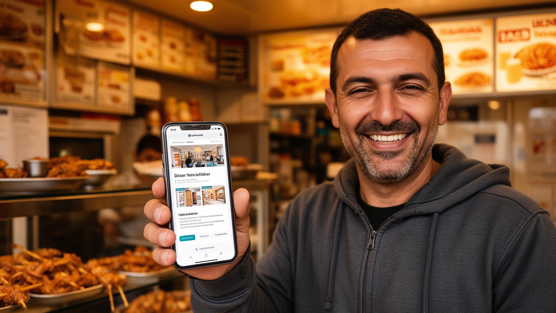 Imbiss-Besitzer zeigt seine neue Website auf dem Smartphone